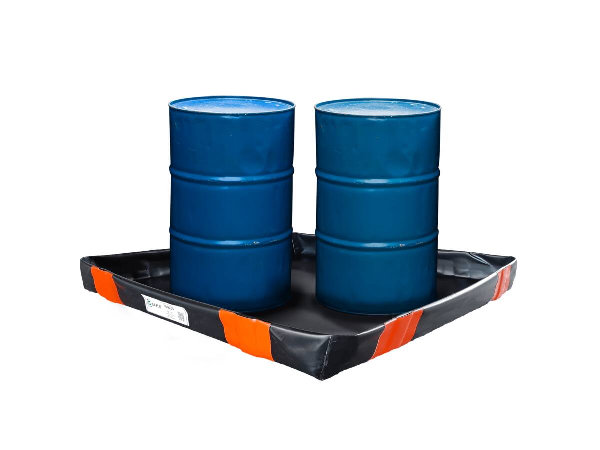 Flexible spill tray with two drums